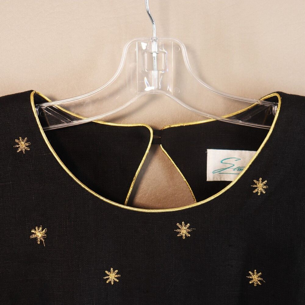 Santa Fe Dress Women Plus 18 Black Linen Gold Star Trim Short Sleeve Keyhole - Picture 4 of 12